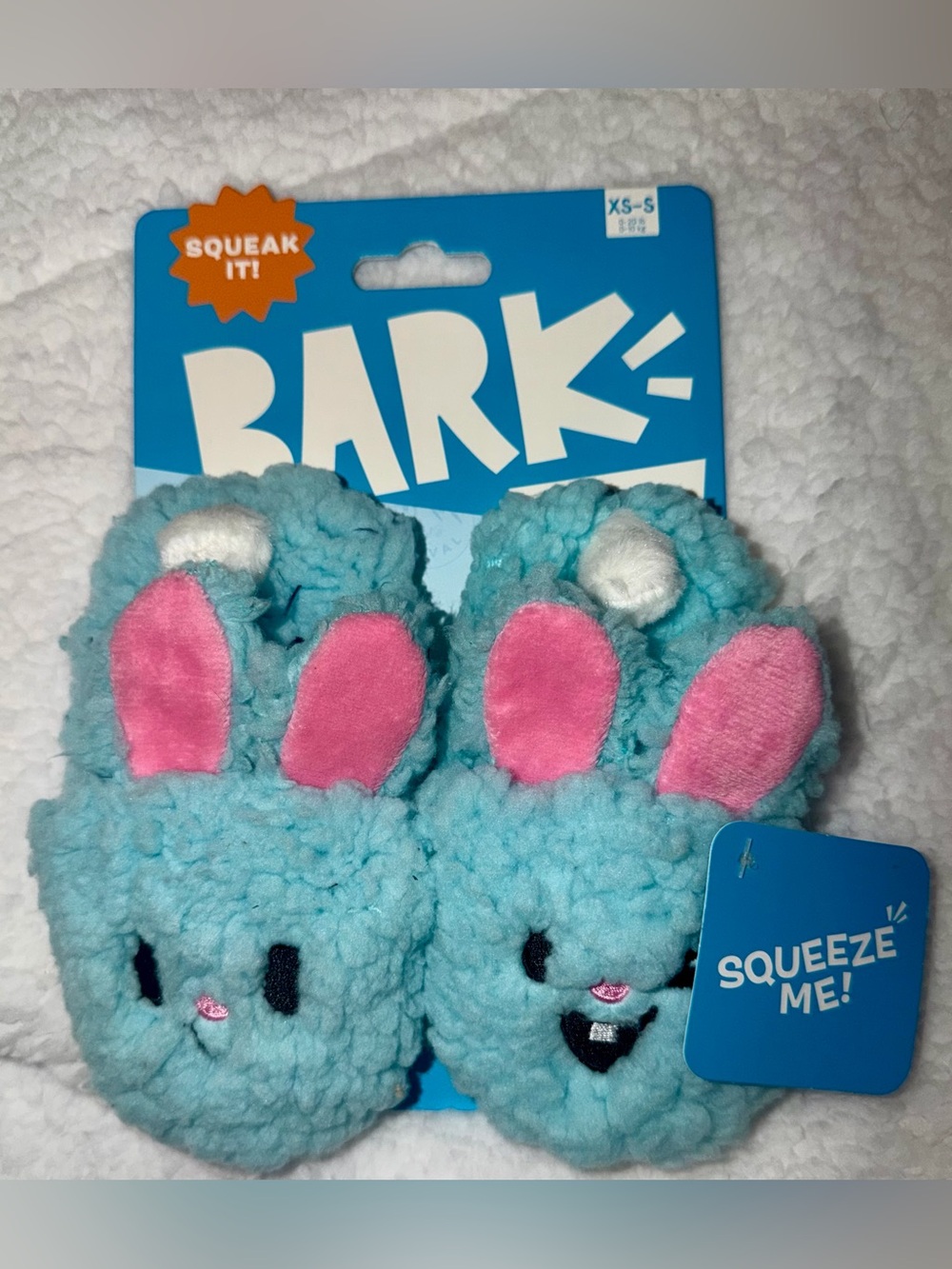 🐾 Bark Plush Blue Bunny Squeak Toy with Pink Ears